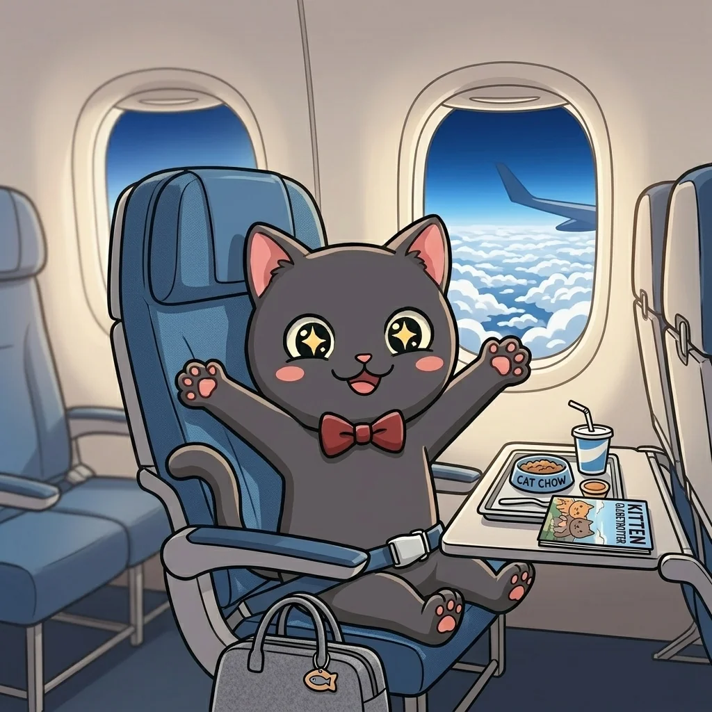 飛行機でワクワクするもふねこ
