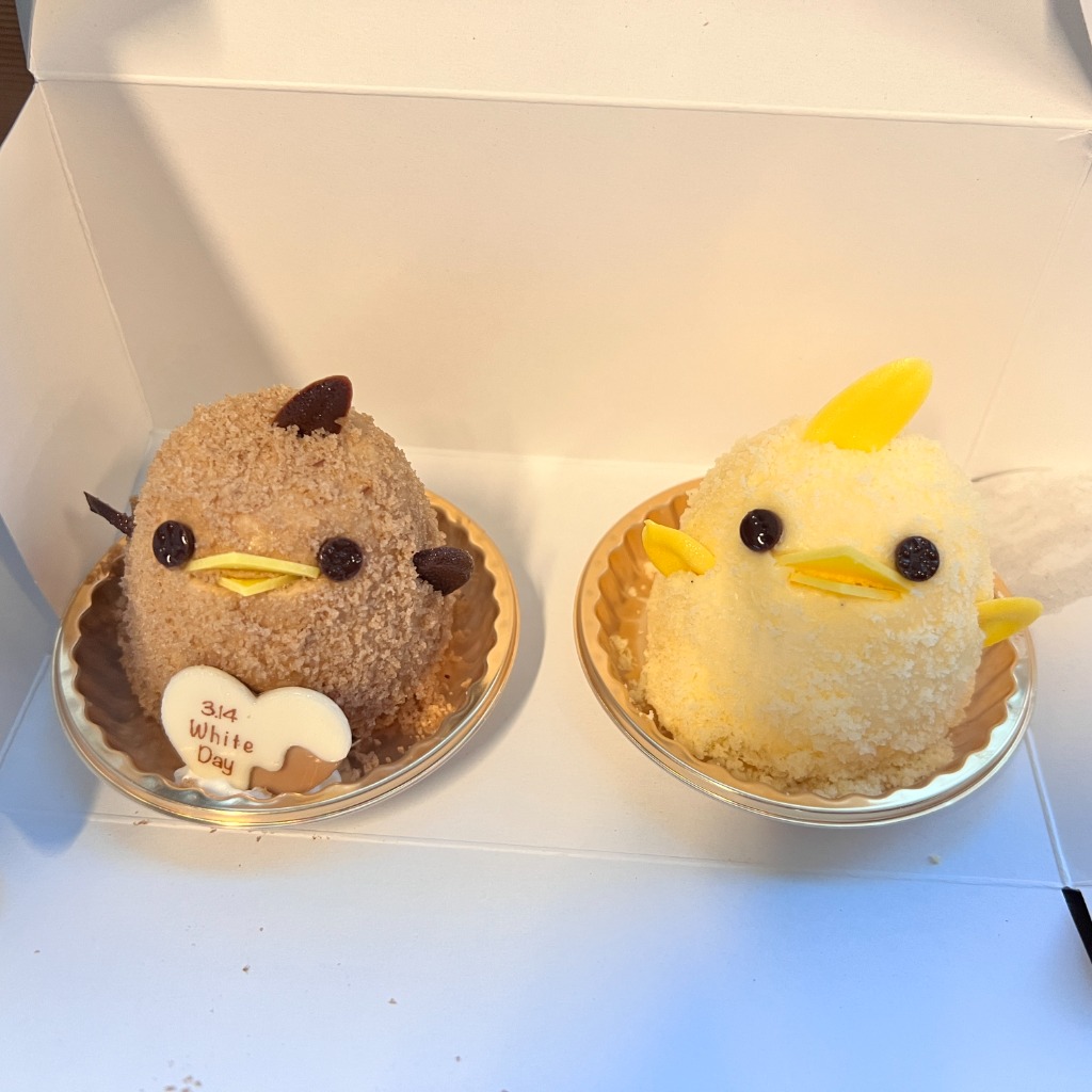 箱に入ったままベンチで食べるぴよりんとホワイトデーぴよりん