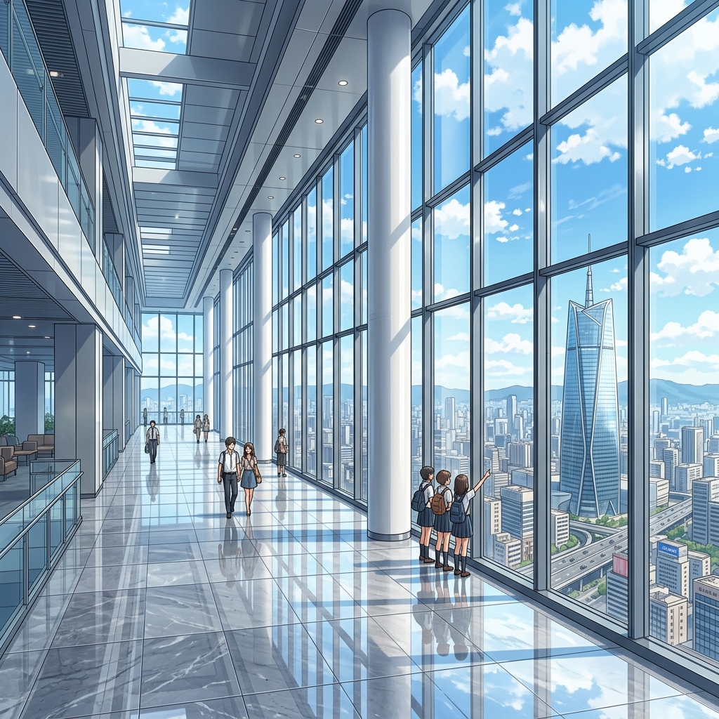 スカイストリートからのガラス張りの景色